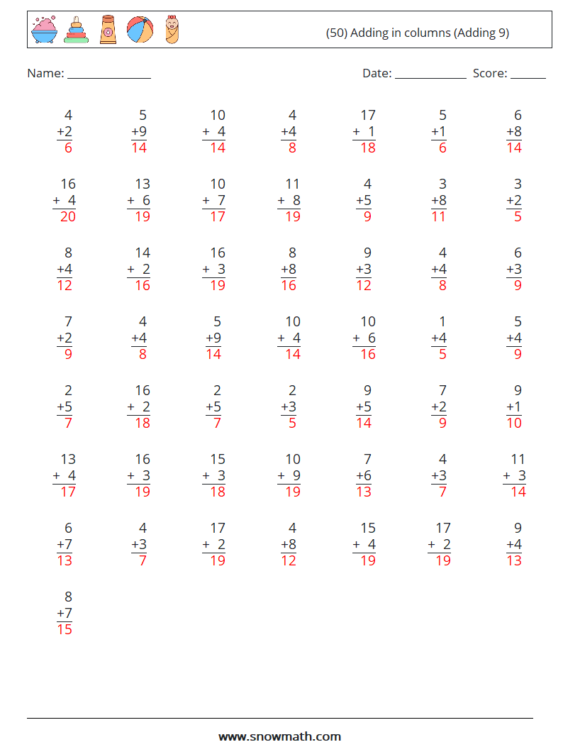 (50) Adding in columns (Adding 9) Math Worksheets 17 Question, Answer