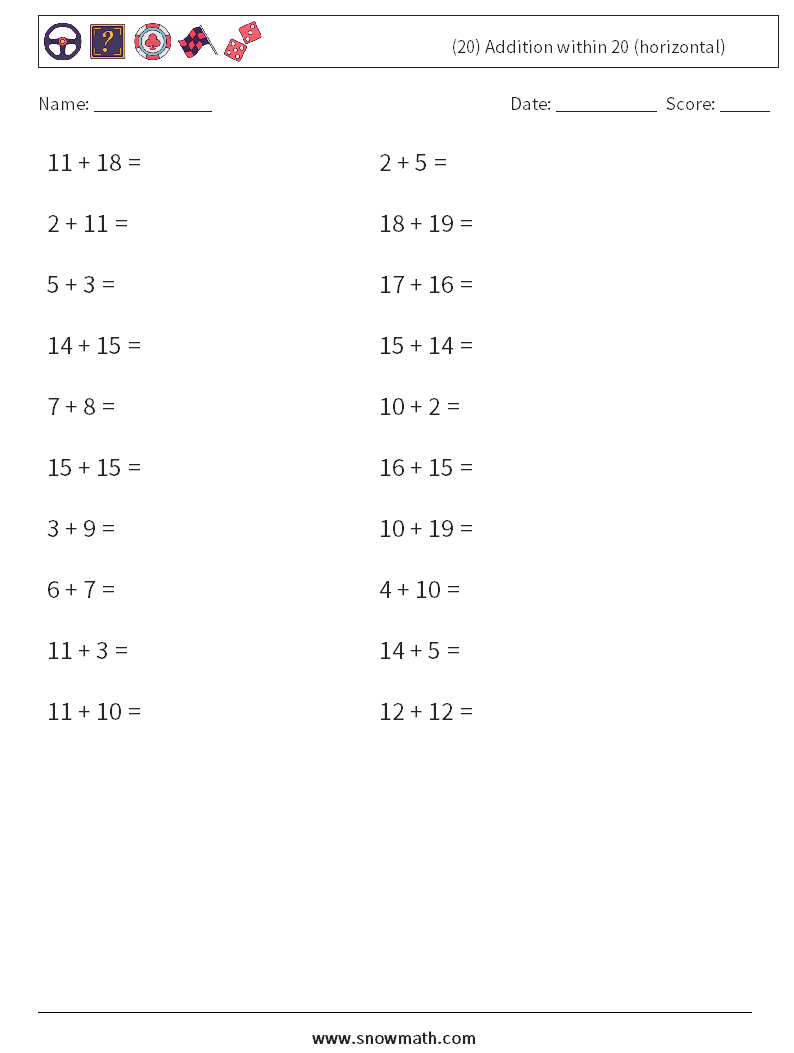 (20) Addition within 20 (horizontal)