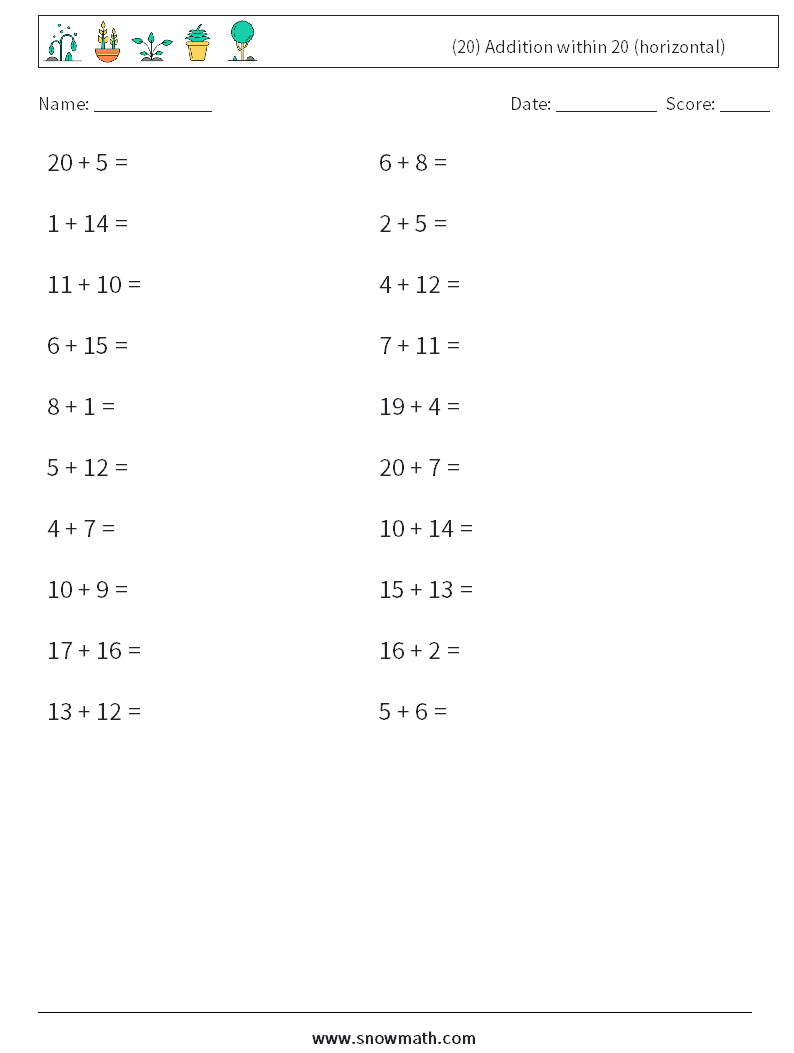 (20) Addition within 20 (horizontal) Maths Worksheets 2
