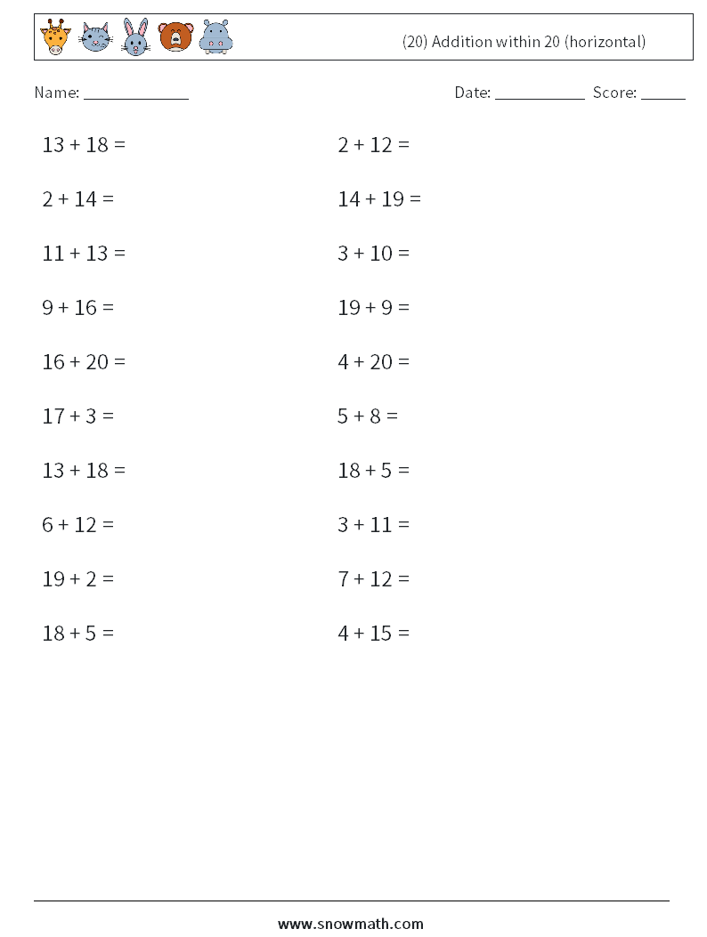 (20) Addition within 20 (horizontal) Math Worksheets 3
