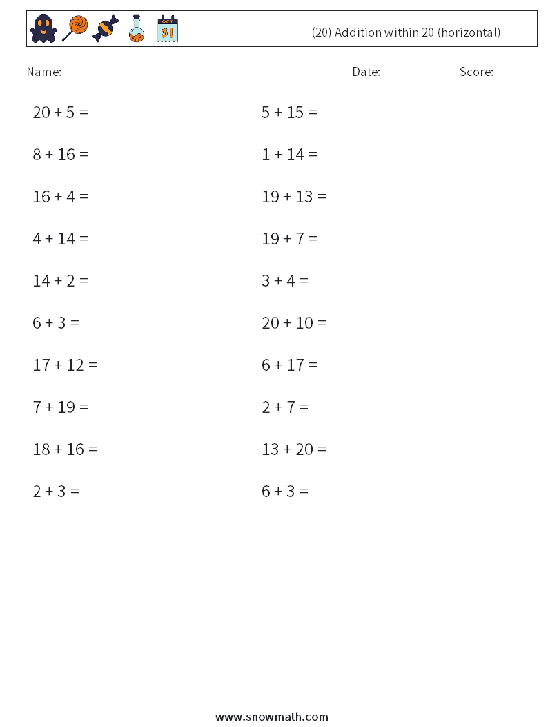 (20) Addition within 20 (horizontal) Maths Worksheets 7