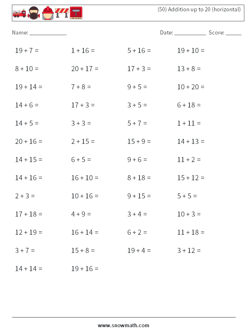 (50) Addition up to 20 (horizontal) Maths Worksheets 2