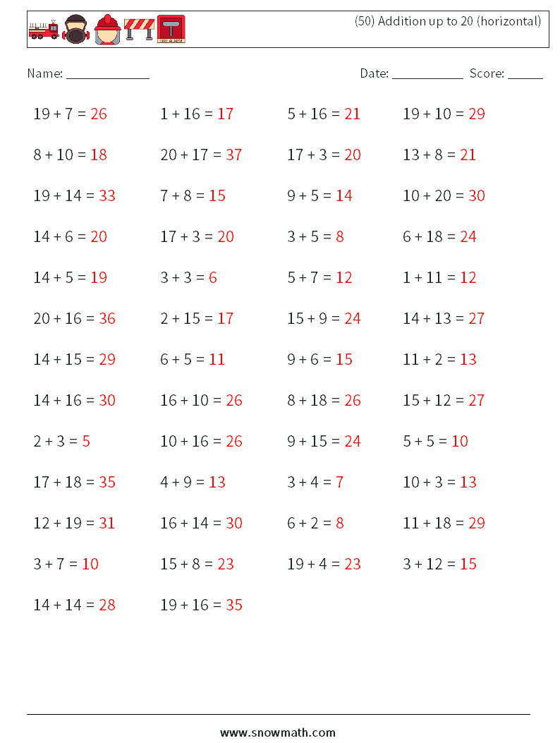 (50) Addition up to 20 (horizontal) Math Worksheets 2 Question, Answer