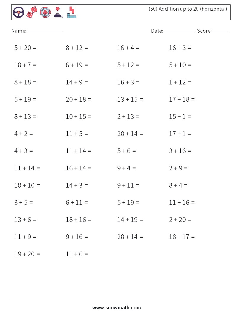 (50) Addition up to 20 (horizontal) Math Worksheets 3
