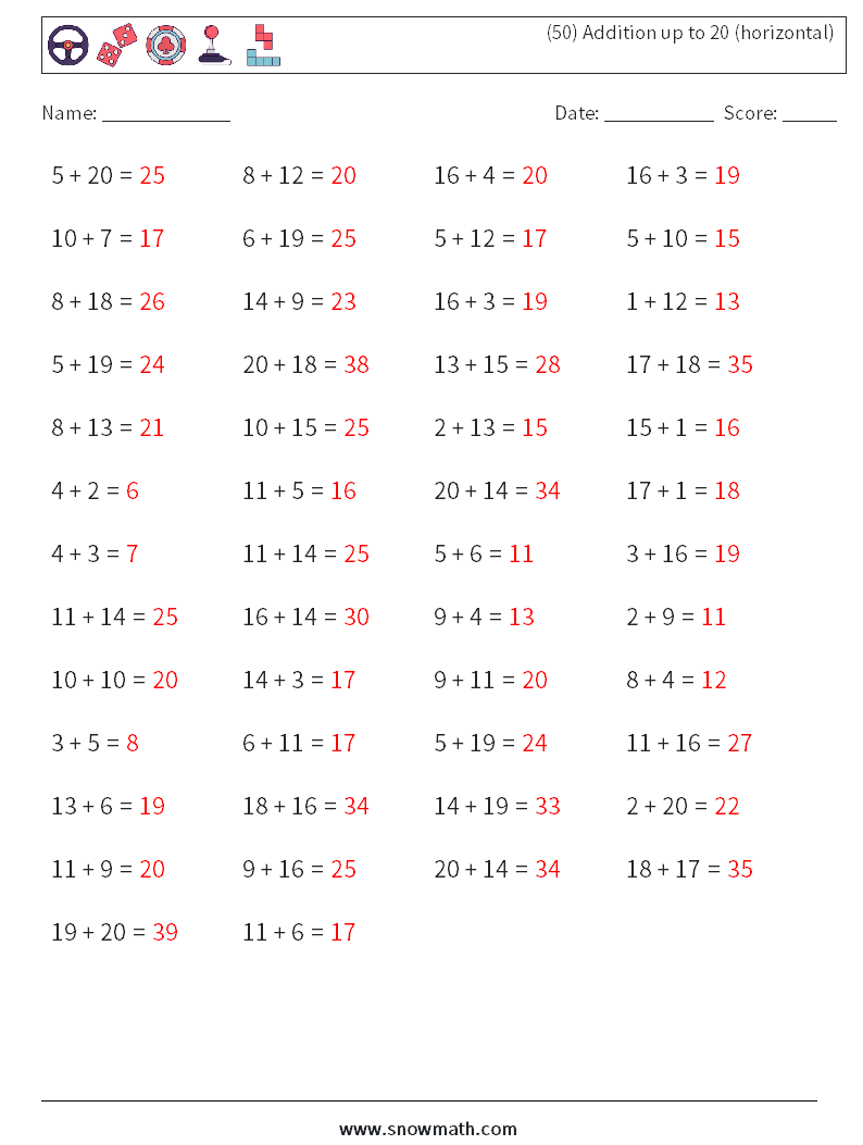 (50) Addition up to 20 (horizontal) Math Worksheets 3 Question, Answer