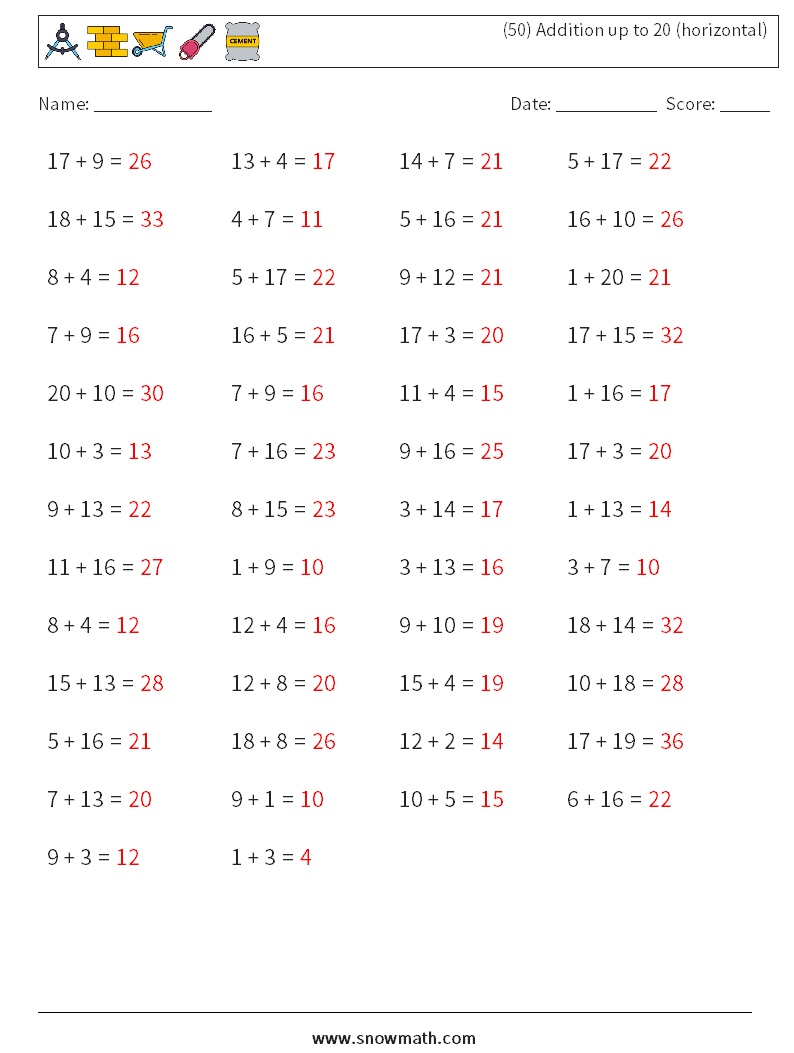 (50) Addition up to 20 (horizontal) Math Worksheets 4 Question, Answer