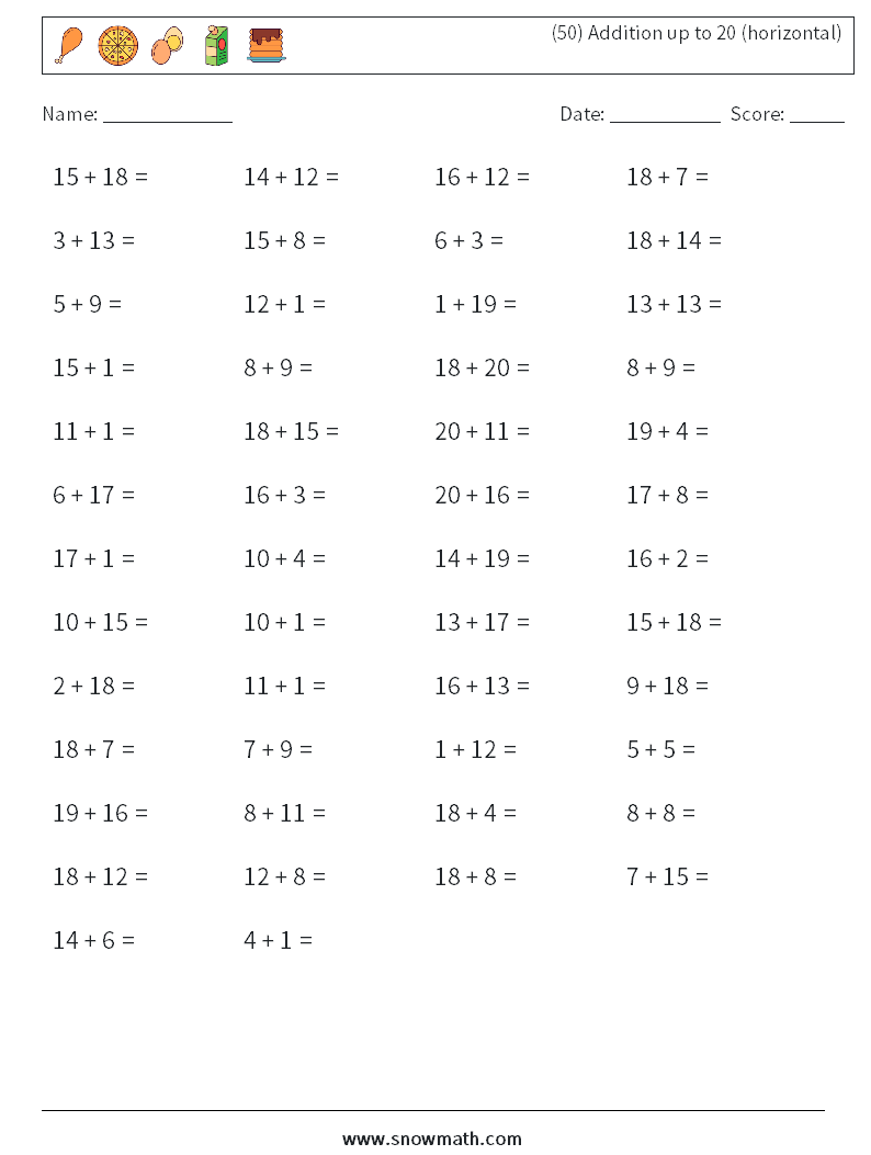 (50) Addition up to 20 (horizontal) Math Worksheets 5