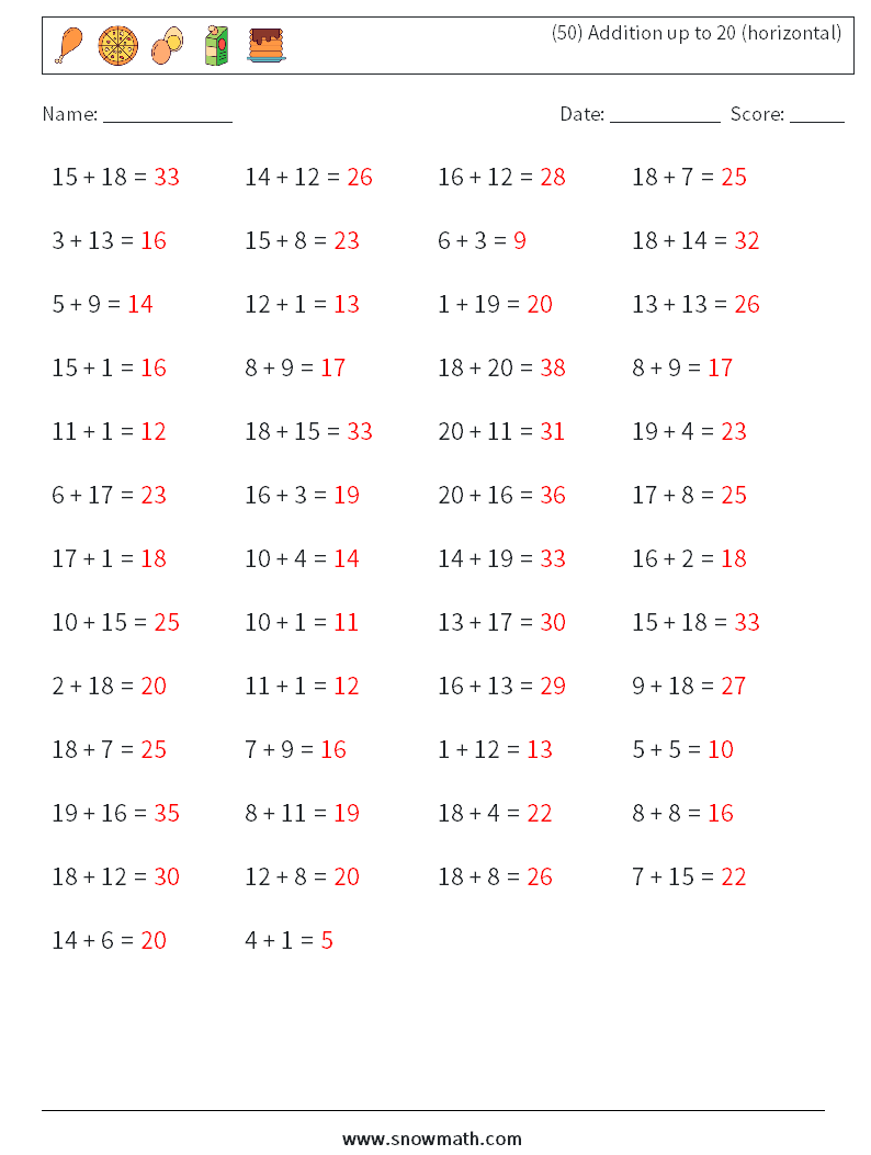 (50) Addition up to 20 (horizontal) Math Worksheets 5 Question, Answer