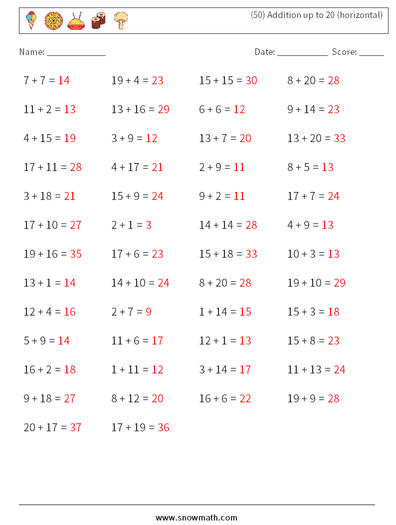 (50) Addition up to 20 (horizontal) Math Worksheets 6 Question, Answer