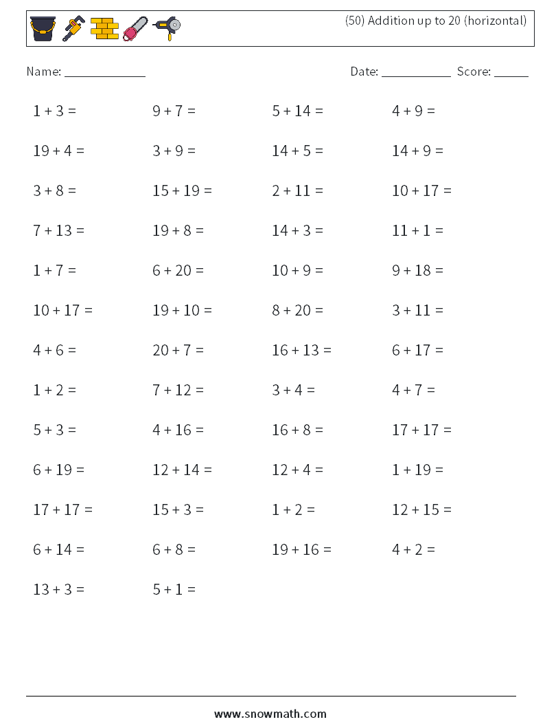 (50) Addition up to 20 (horizontal) Math Worksheets 7