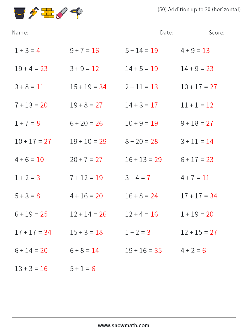 (50) Addition up to 20 (horizontal) Math Worksheets 7 Question, Answer