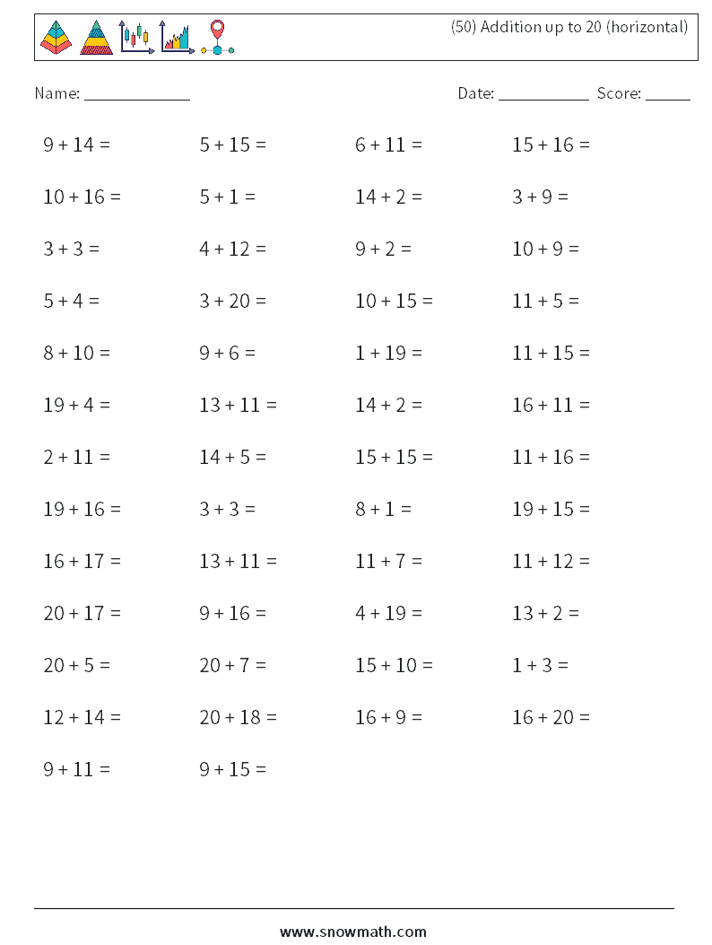 (50) Addition up to 20 (horizontal) Math Worksheets 8