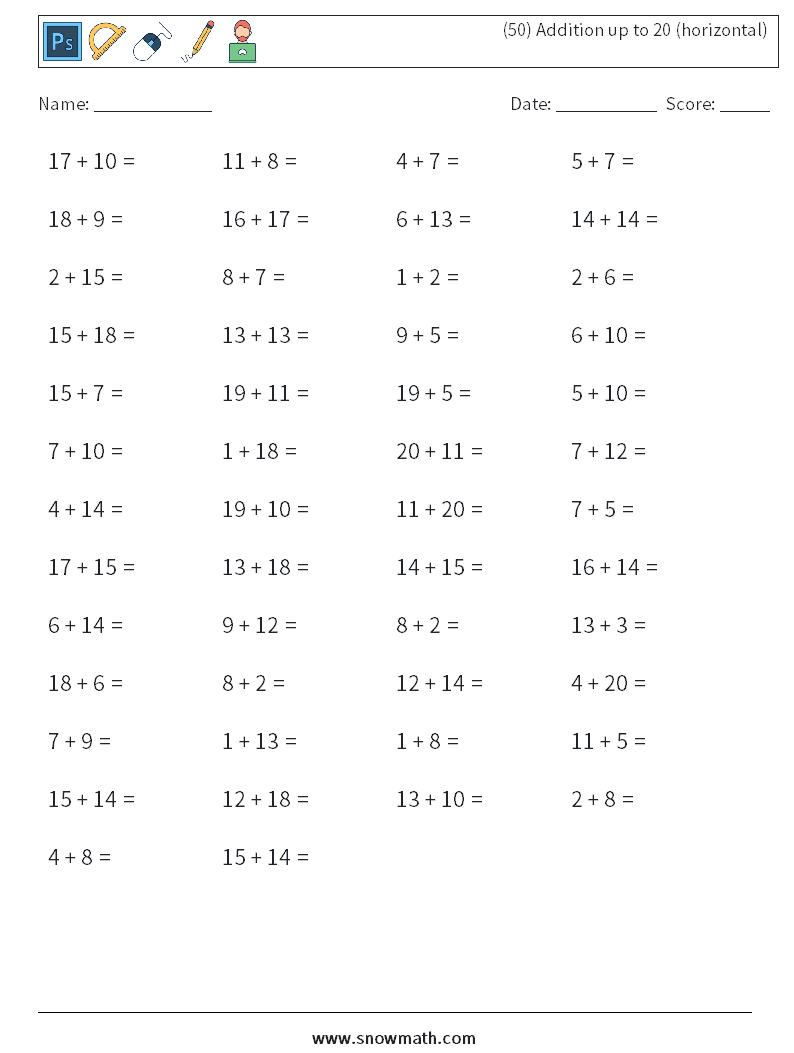 (50) Addition up to 20 (horizontal) Math Worksheets 9