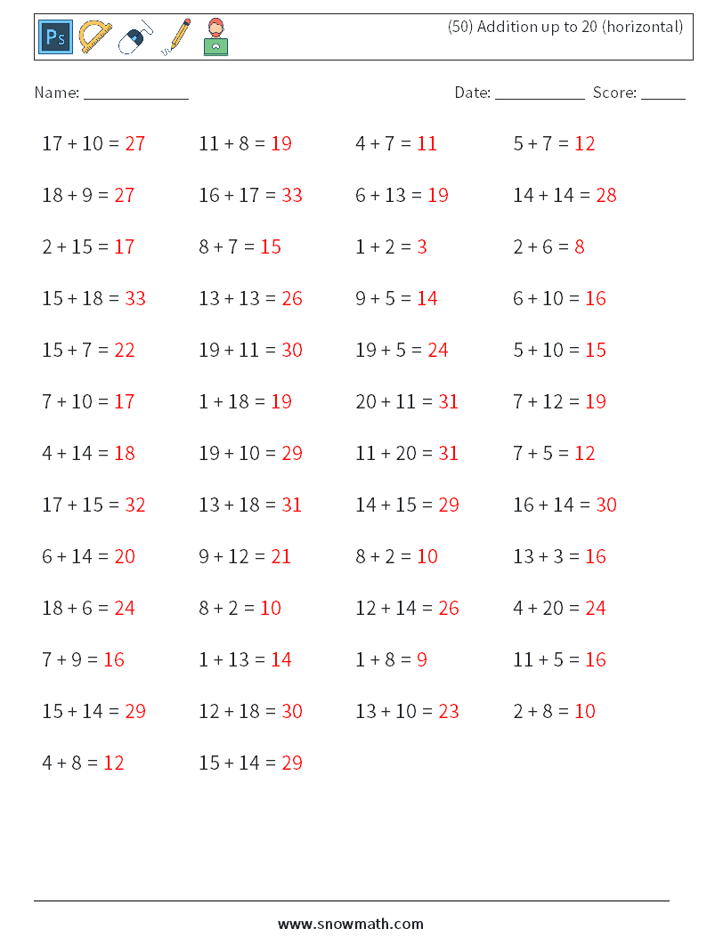 (50) Addition up to 20 (horizontal) Math Worksheets 9 Question, Answer