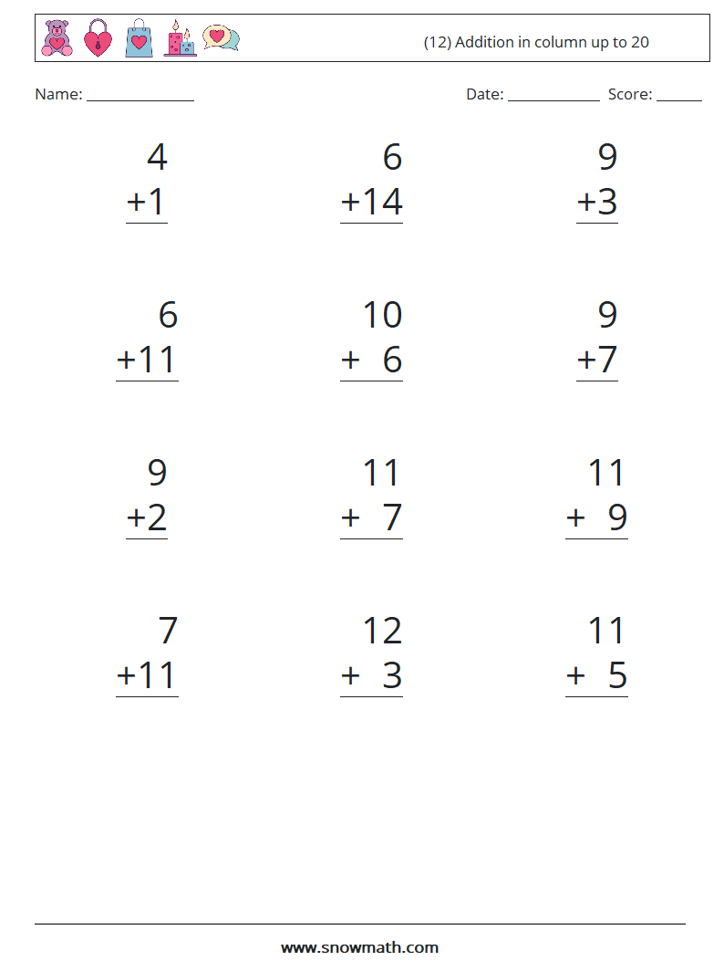 (12) Addition in column up to 20