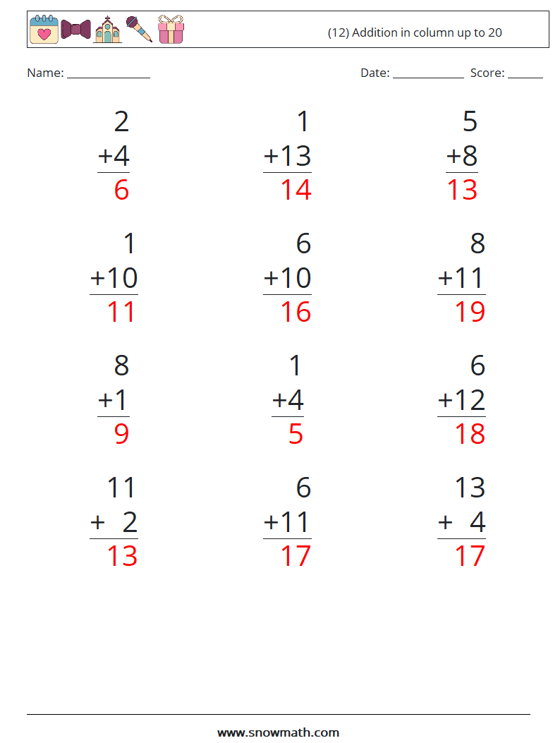 (12) Addition in column up to 20 Math Worksheets 16 Question, Answer