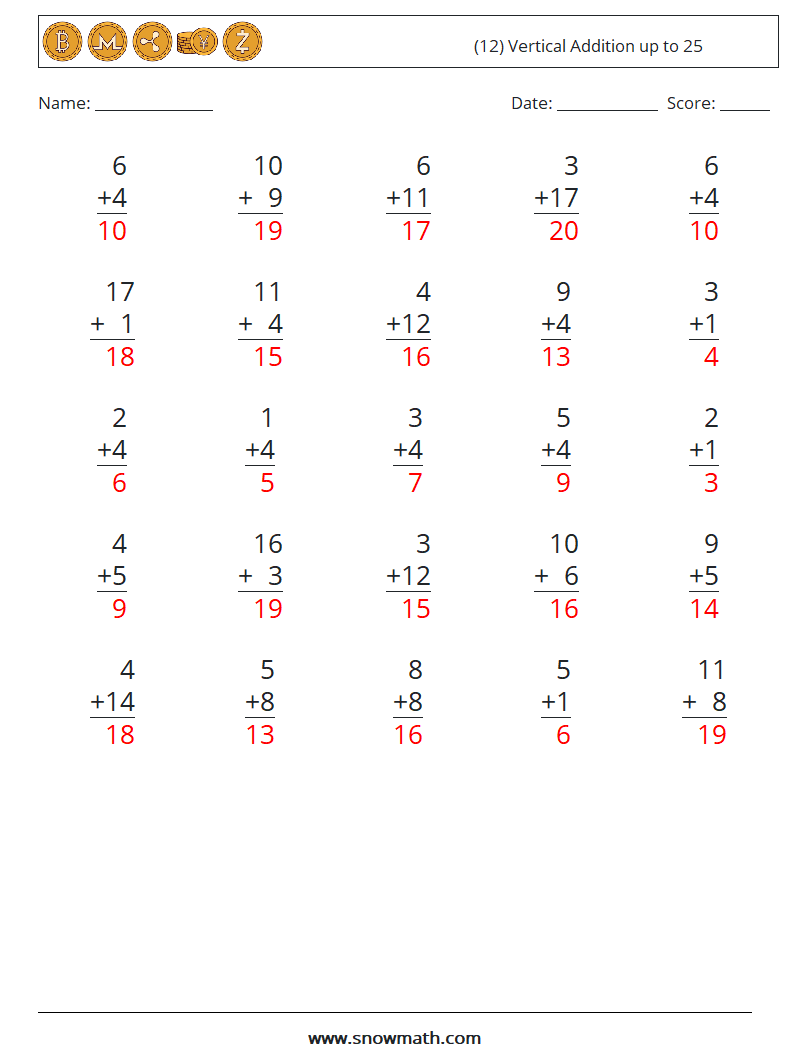 (12) Vertical Addition up to 25 Math Worksheets 10 Question, Answer