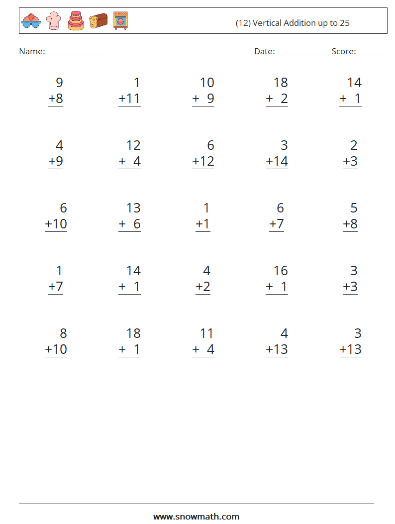 (12) Vertical Addition up to 25 Math Worksheets 11