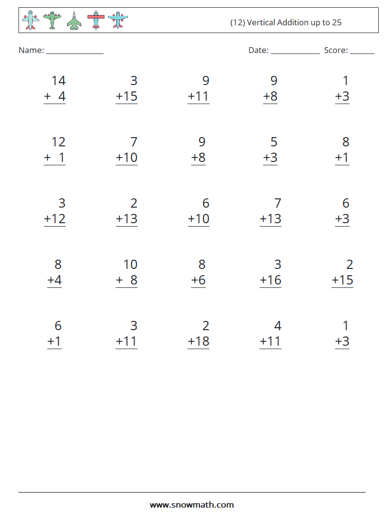 (12) Vertical Addition up to 25 Math Worksheets 13