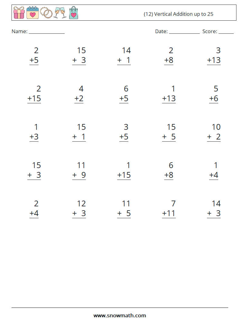 (12) Vertical Addition up to 25 Maths Worksheets 14