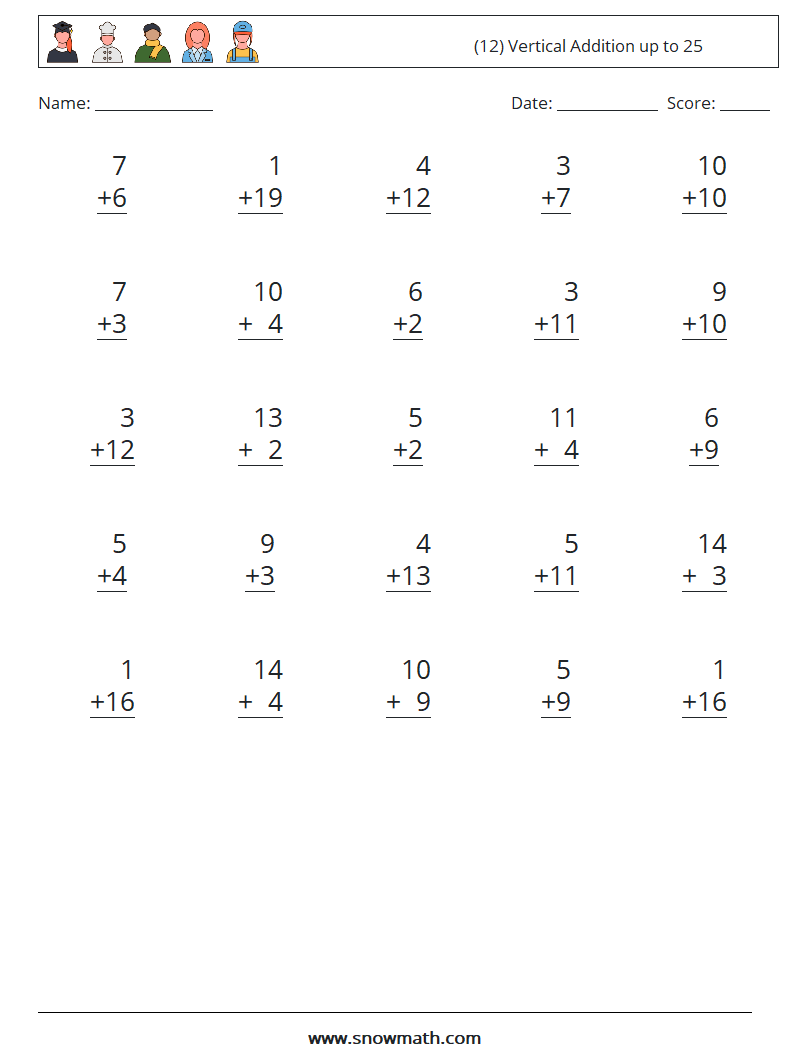 (12) Vertical Addition up to 25 Maths Worksheets 16
