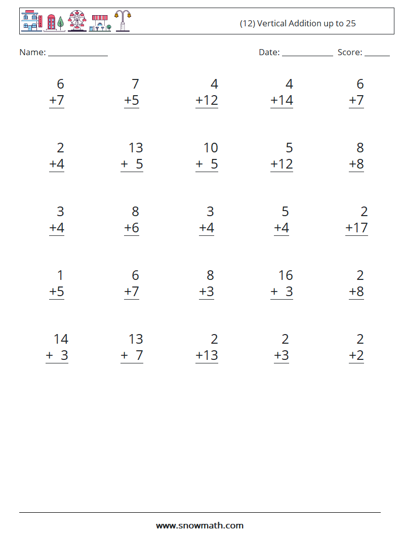 (12) Vertical Addition up to 25 Math Worksheets 18