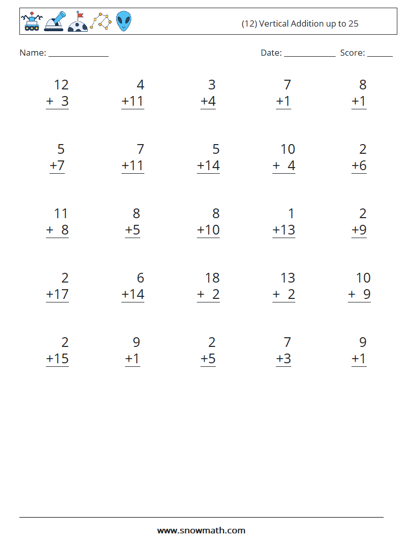(12) Vertical Addition up to 25 Maths Worksheets 2