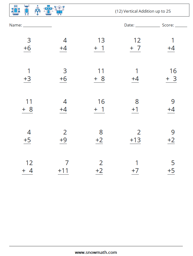 (12) Vertical Addition up to 25 Maths Worksheets 4