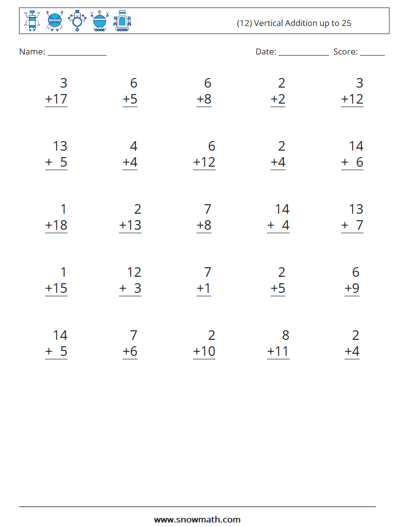 (12) Vertical Addition up to 25 Maths Worksheets 6
