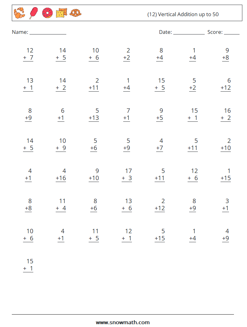 (12) Vertical Addition up to 50