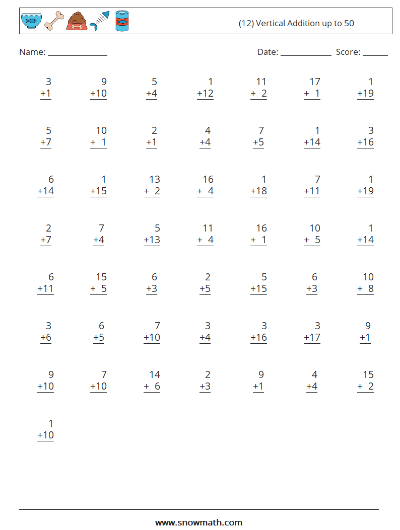 (12) Vertical Addition up to 50 Maths Worksheets 9