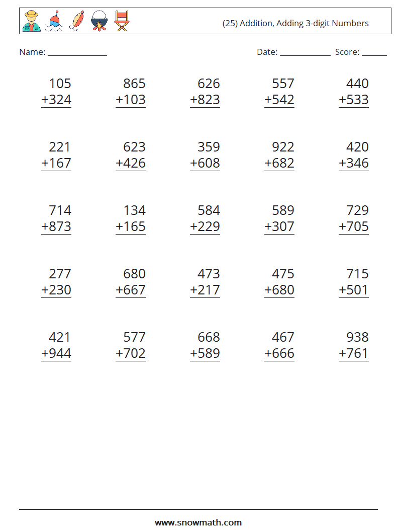 Adding Three Numbers Worksheet