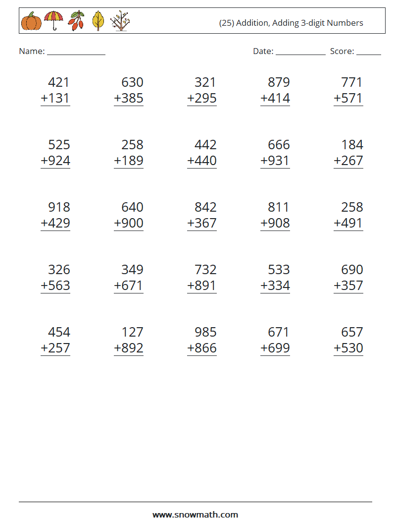 (25) Addition, Adding 3-digit Numbers Maths Worksheets 7