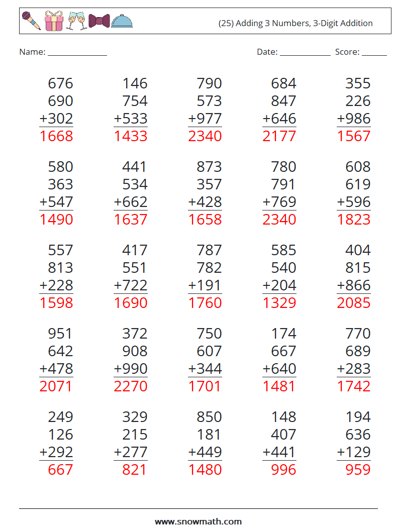(25) Adding 3 Numbers, 3-Digit Addition Math Worksheets 12 Question, Answer