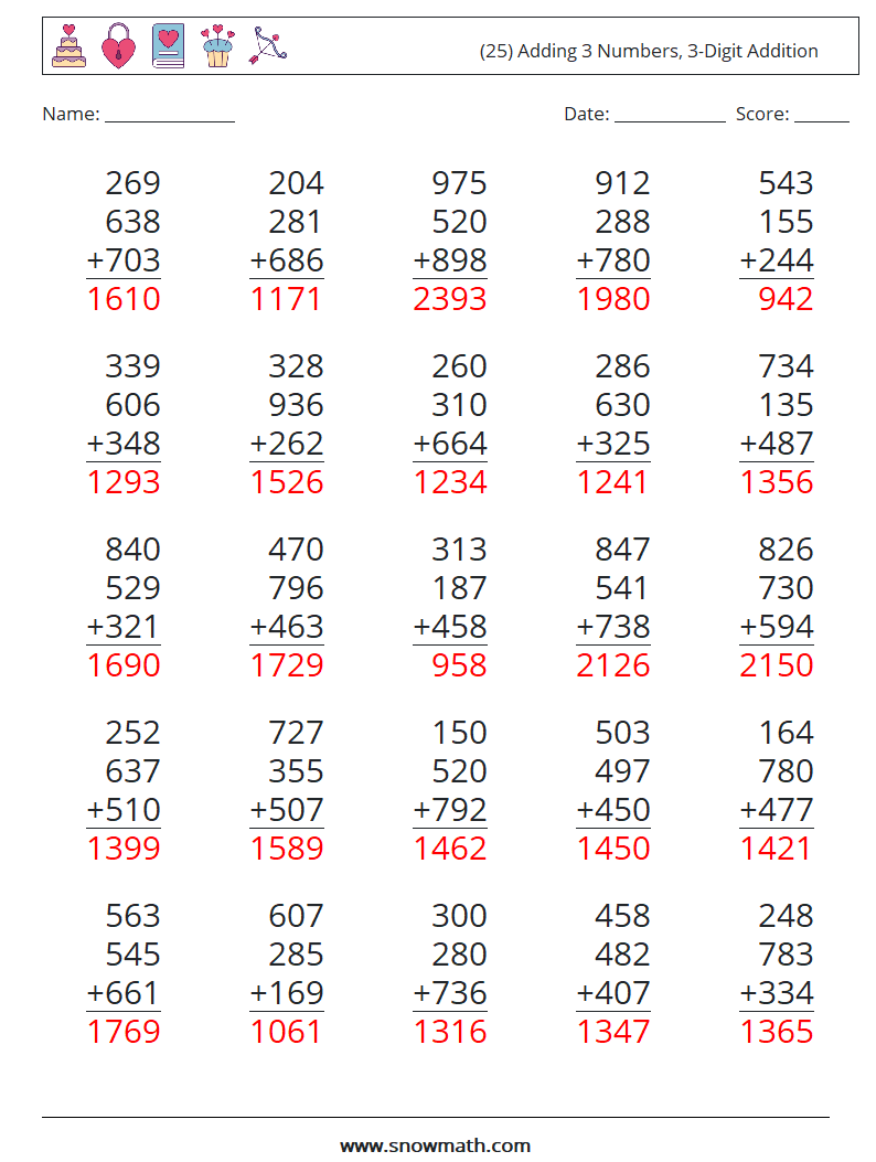 (25) Adding 3 Numbers, 3-Digit Addition Math Worksheets 15 Question, Answer