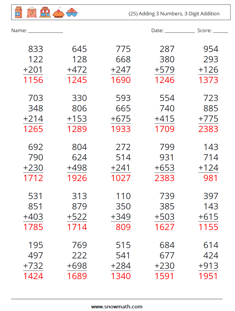 (25) Adding 3 Numbers, 3-Digit Addition Math Worksheets 17 Question, Answer