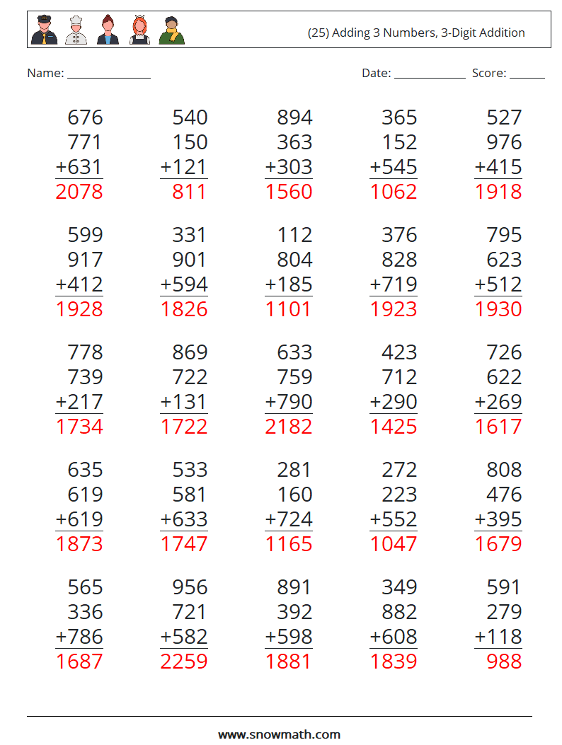 (25) Adding 3 Numbers, 3-Digit Addition Math Worksheets 18 Question, Answer