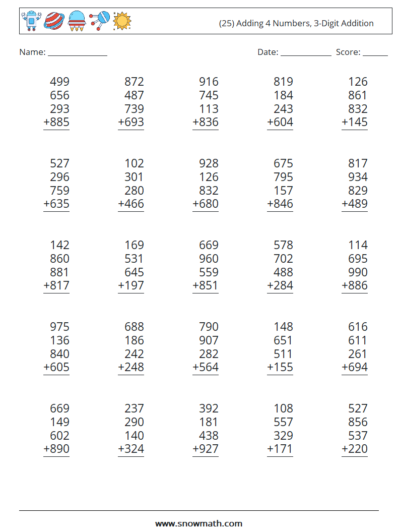 Grade 1 Math Worksheet Add 3 Single Digit Numbers K5 Learning 3 Digit Plus 3 Digit Addition