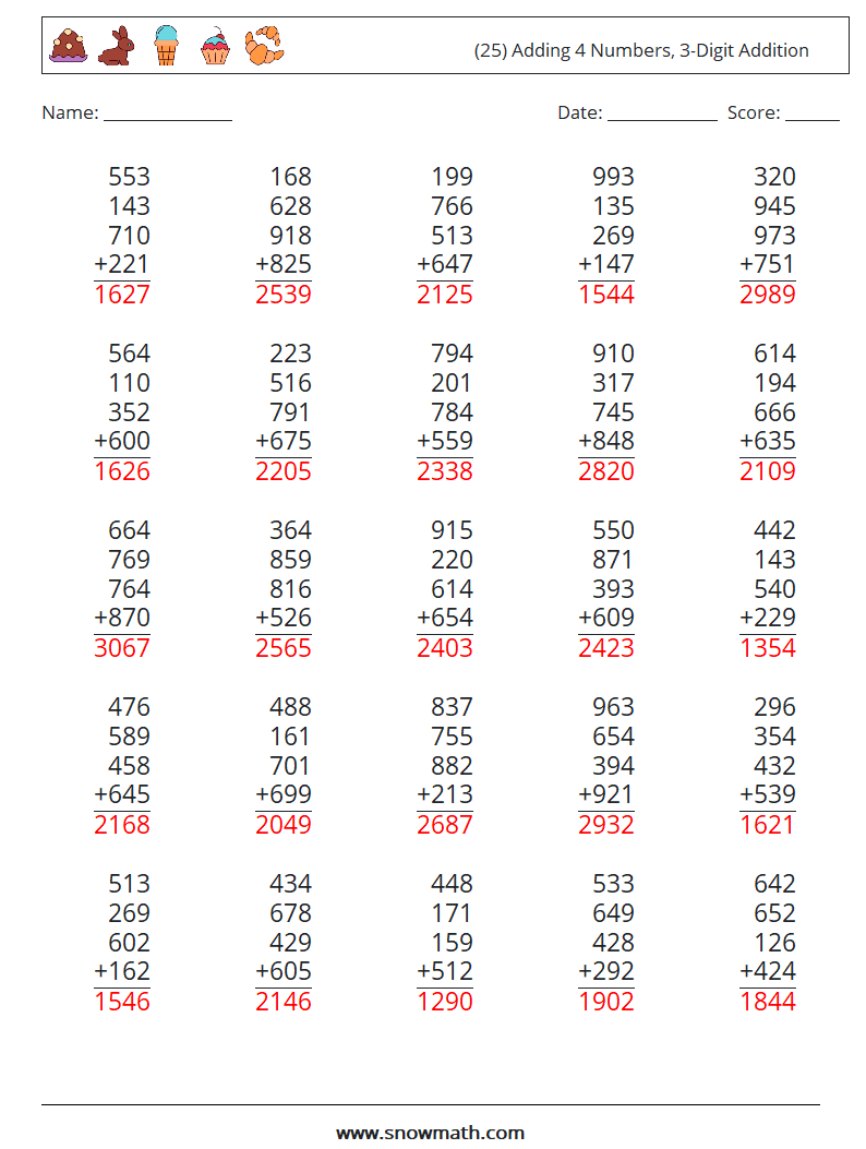 (25) Adding 4 Numbers, 3-Digit Addition Math Worksheets 12 Question, Answer