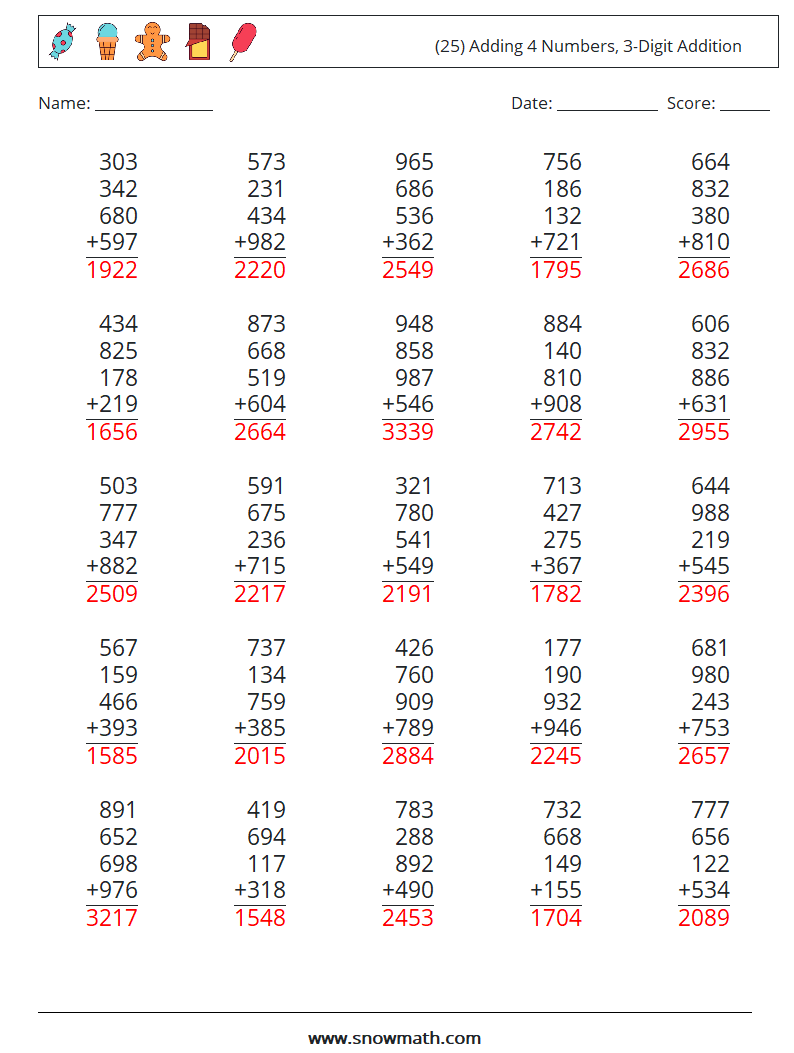 (25) Adding 4 Numbers, 3-Digit Addition Math Worksheets 16 Question, Answer