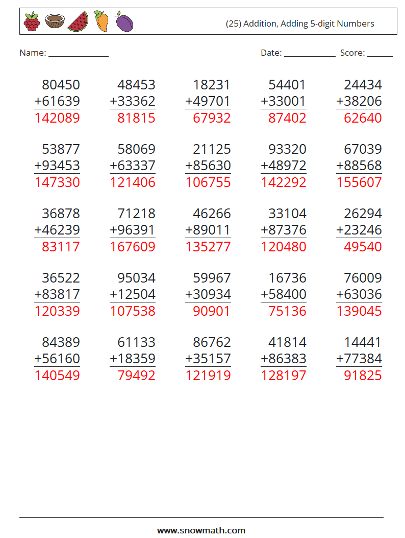 (25) Addition, Adding 5-digit Numbers Math Worksheets 14 Question, Answer