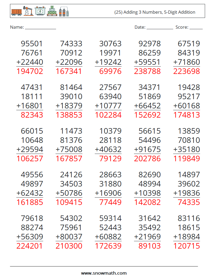 (25) Adding 3 Numbers, 5-Digit Addition Math Worksheets 11 Question, Answer