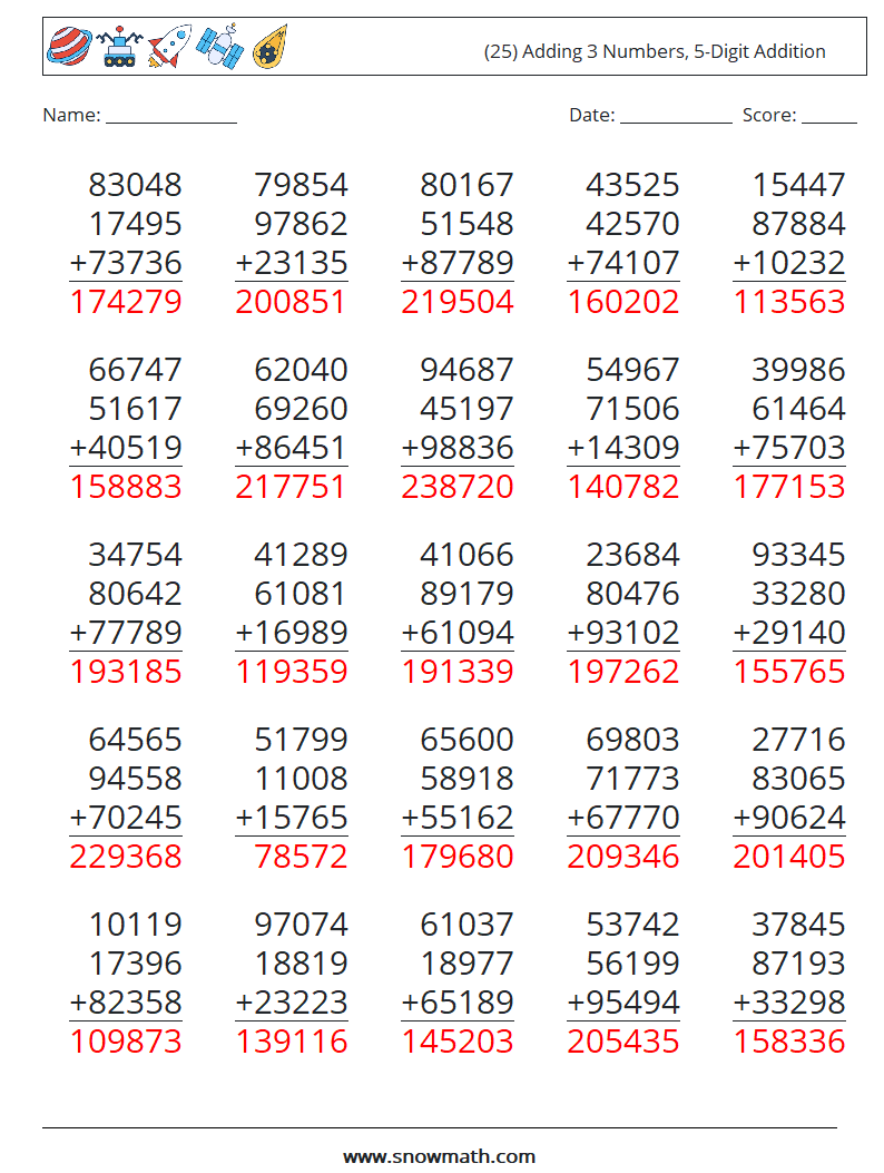 (25) Adding 3 Numbers, 5-Digit Addition Math Worksheets 12 Question, Answer