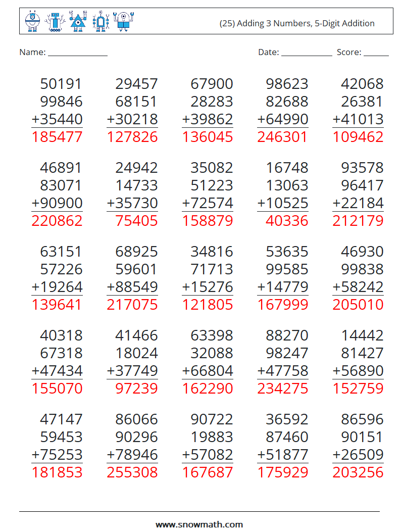 (25) Adding 3 Numbers, 5-Digit Addition Math Worksheets 13 Question, Answer