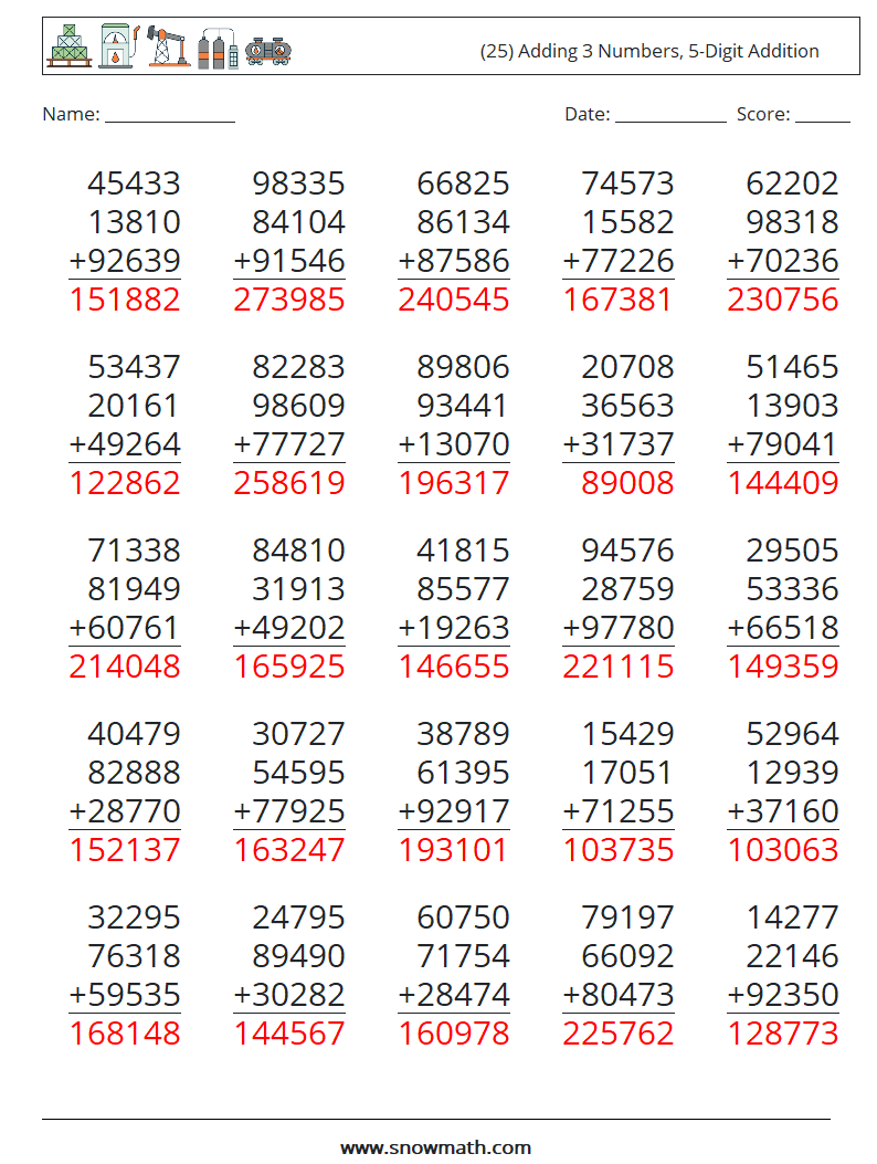 (25) Adding 3 Numbers, 5-Digit Addition Math Worksheets 15 Question, Answer