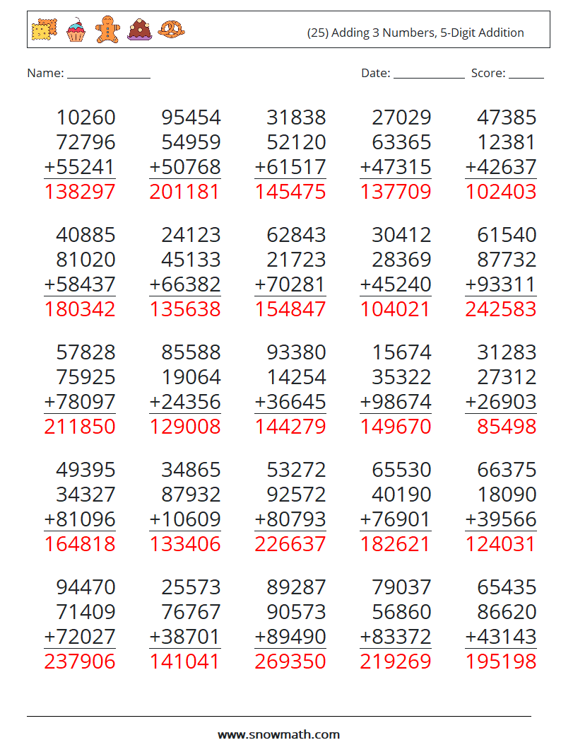(25) Adding 3 Numbers, 5-Digit Addition Math Worksheets 17 Question, Answer
