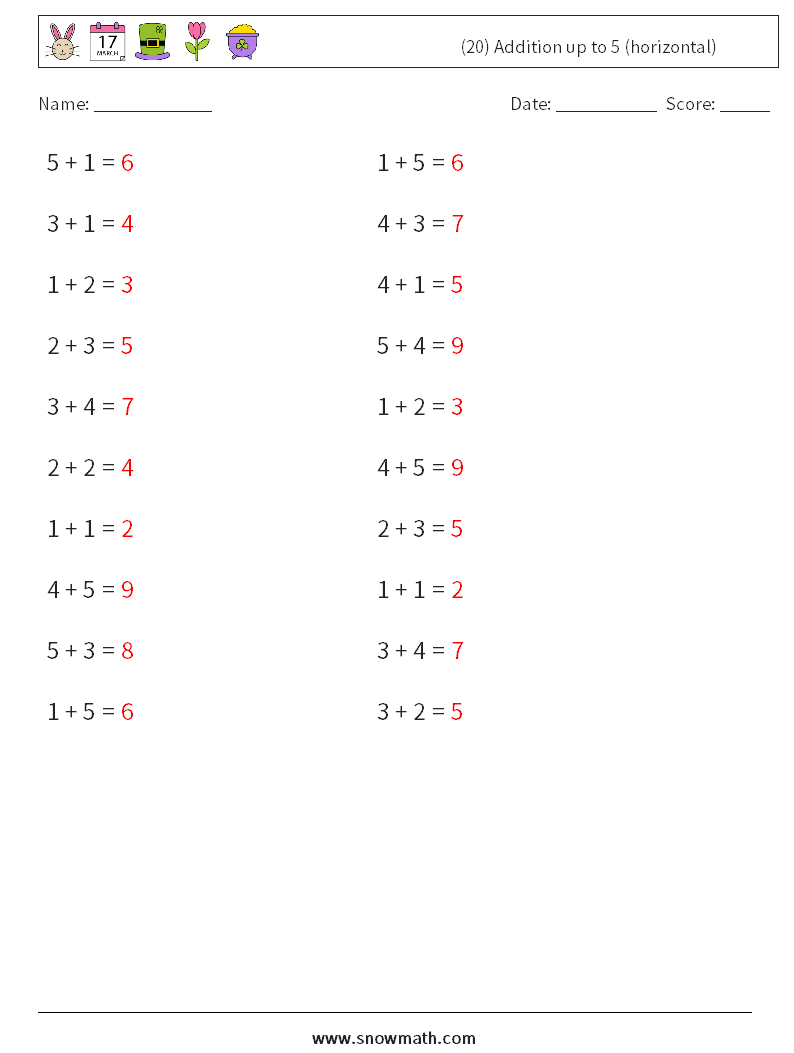 (20) Addition up to 5 (horizontal) Math Worksheets 2 Question, Answer