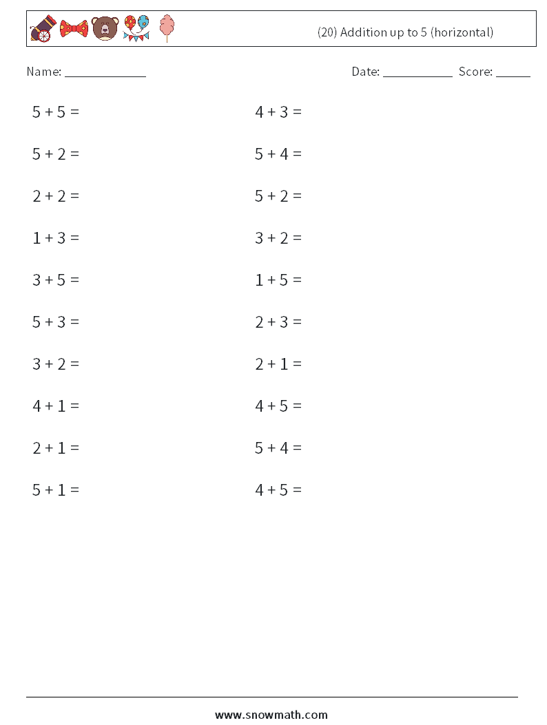 (20) Addition up to 5 (horizontal) Maths Worksheets 3