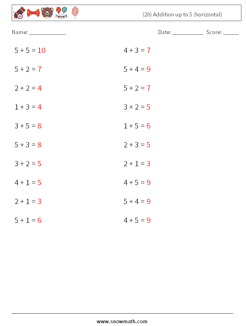 (20) Addition up to 5 (horizontal) Math Worksheets 3 Question, Answer