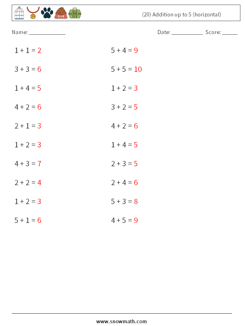 (20) Addition up to 5 (horizontal) Math Worksheets 4 Question, Answer